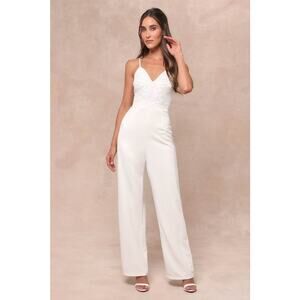 NWT Lulus Memorable Occasion White Beaded Sequin Wide-Leg Jumpsuit Glam Bling S